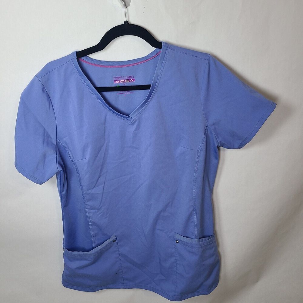Purple Label Yoga by Healing Hands Scrub Top Light Blue Short Sleeve L Uniform